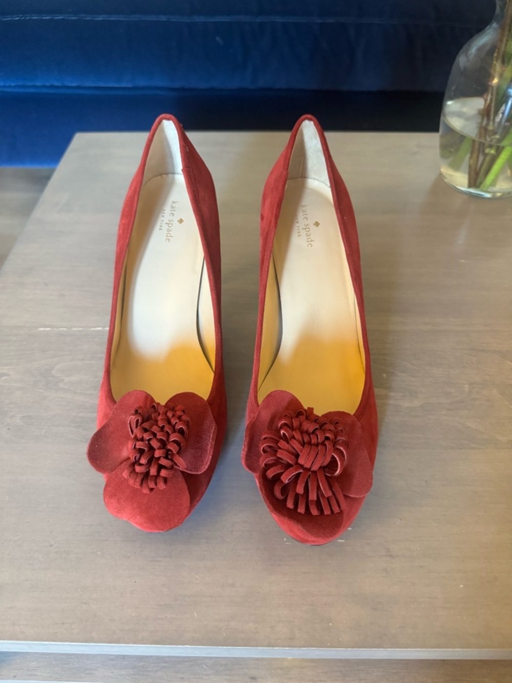 kate spade Red Suede Floral Peep-Toe Pumps